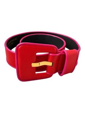 Vintage Suzi Roher Red and Pink Leather Belt with Gold Buckle - Small/ Medium